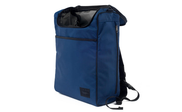 The Cambiata in Deep Blue (navy blue) Ballistic with Mountain Grey (grey with light grey grid) 210 Cerylon interior.
